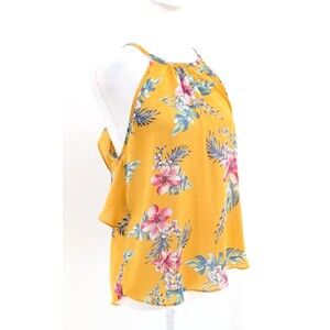 Lush Yellow Floral Ruffle Open Back Sleeveless Camisole Tank Top Blouse Small